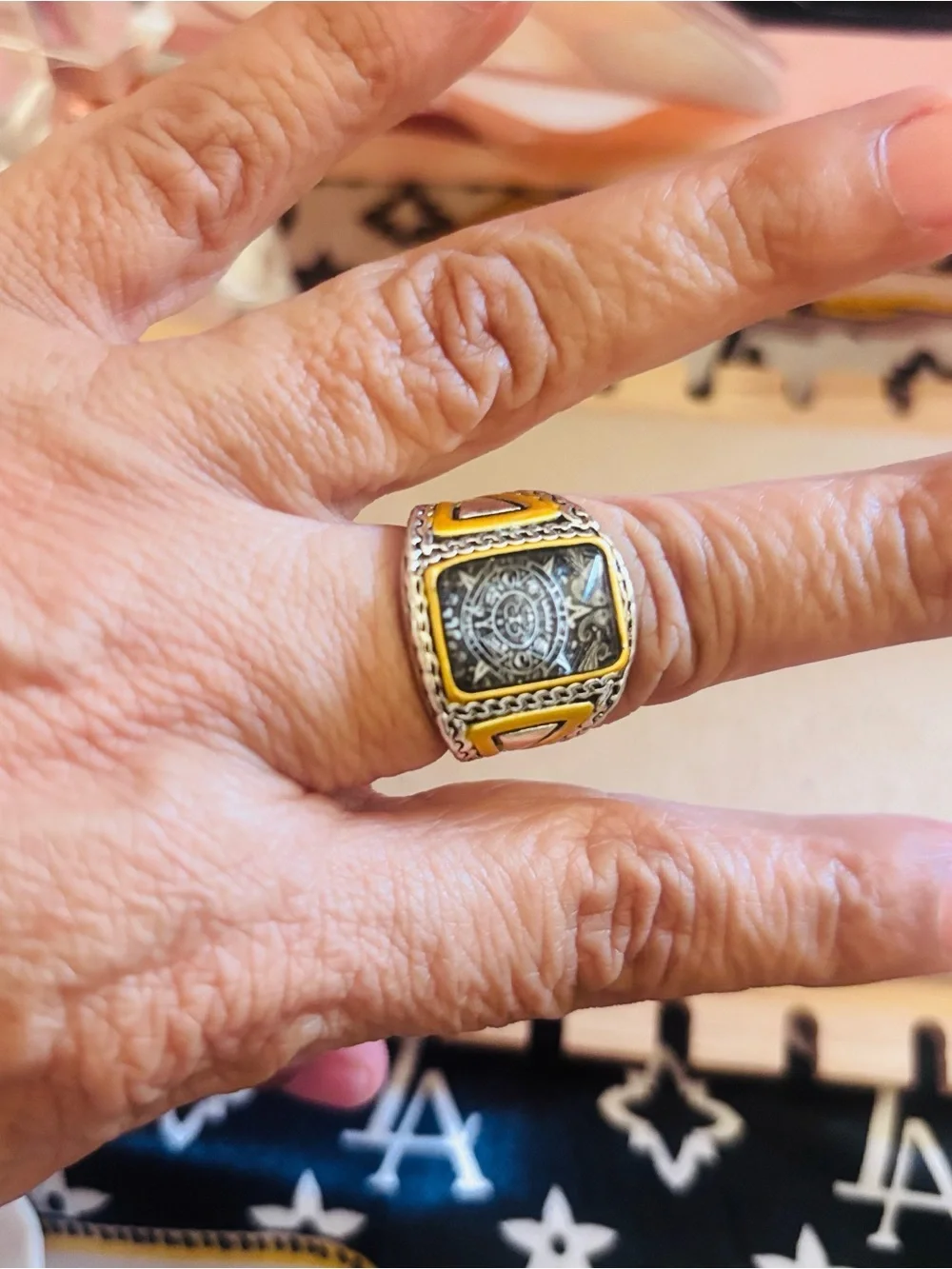Two-Tone Aztec Motif Men's Signet Ring in Black and Gold Size 11.5